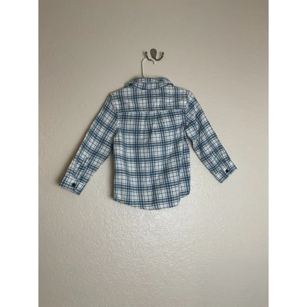 NWT Cat & Jack Boys 3T Blue White Plaid Button Front Shirt Long Sleeve Cotton